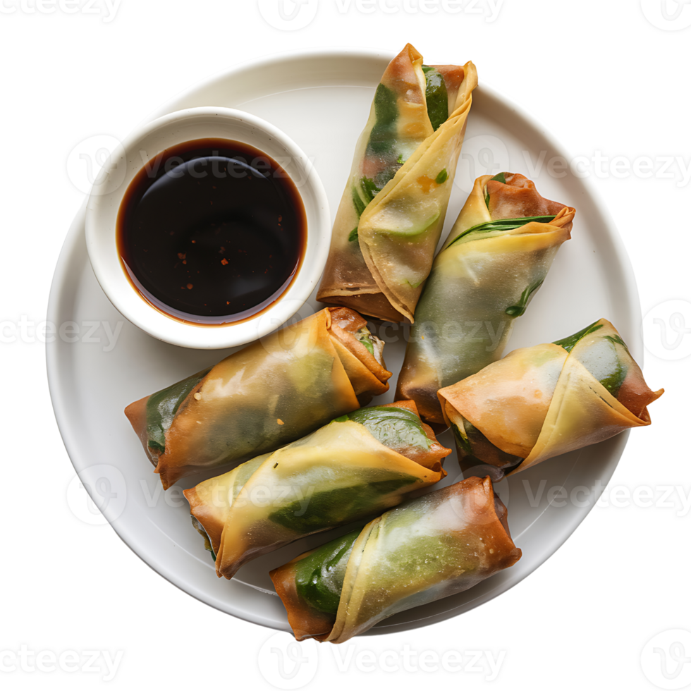 white plate features spring rolls a small bowl of dipping sauce on transparent background png