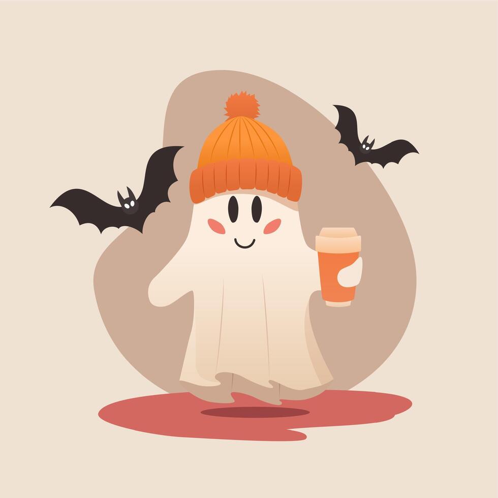 Cute ghost in an orange beanie holds coffee surrounded by bats vector