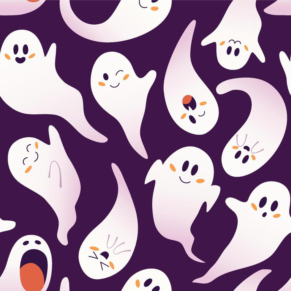 Seamless pattern of cute friendly ghosts on a dark purple background vector