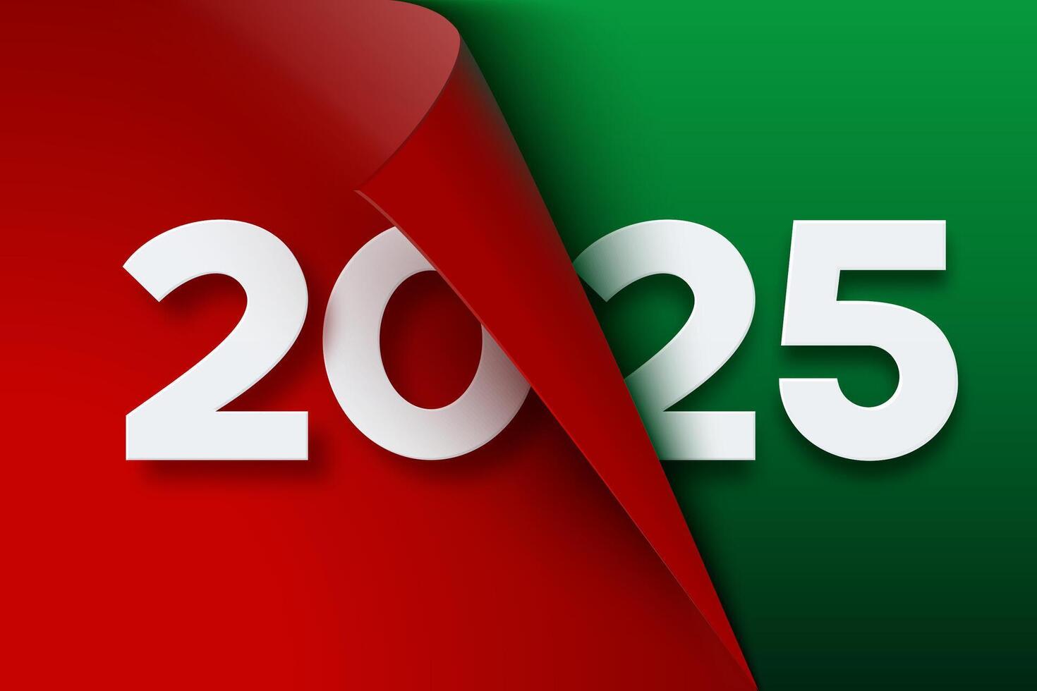 2025 New Year red paper sheet with curled corner. Curled page corner with shadow and numbers. Colorful 2023 New Year banner vector