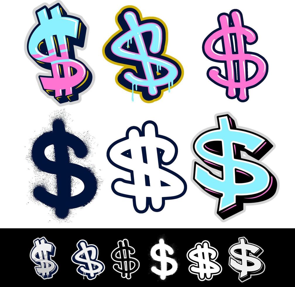 A set of dollar sign icons in graffiti style. Clip art dollar usd sign in sprayed style vector