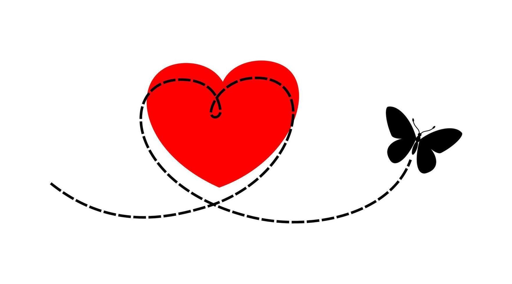 Heart symbol from single line handwriting with butterfly and red heart spot. Simple and minimalist love symbol. vector