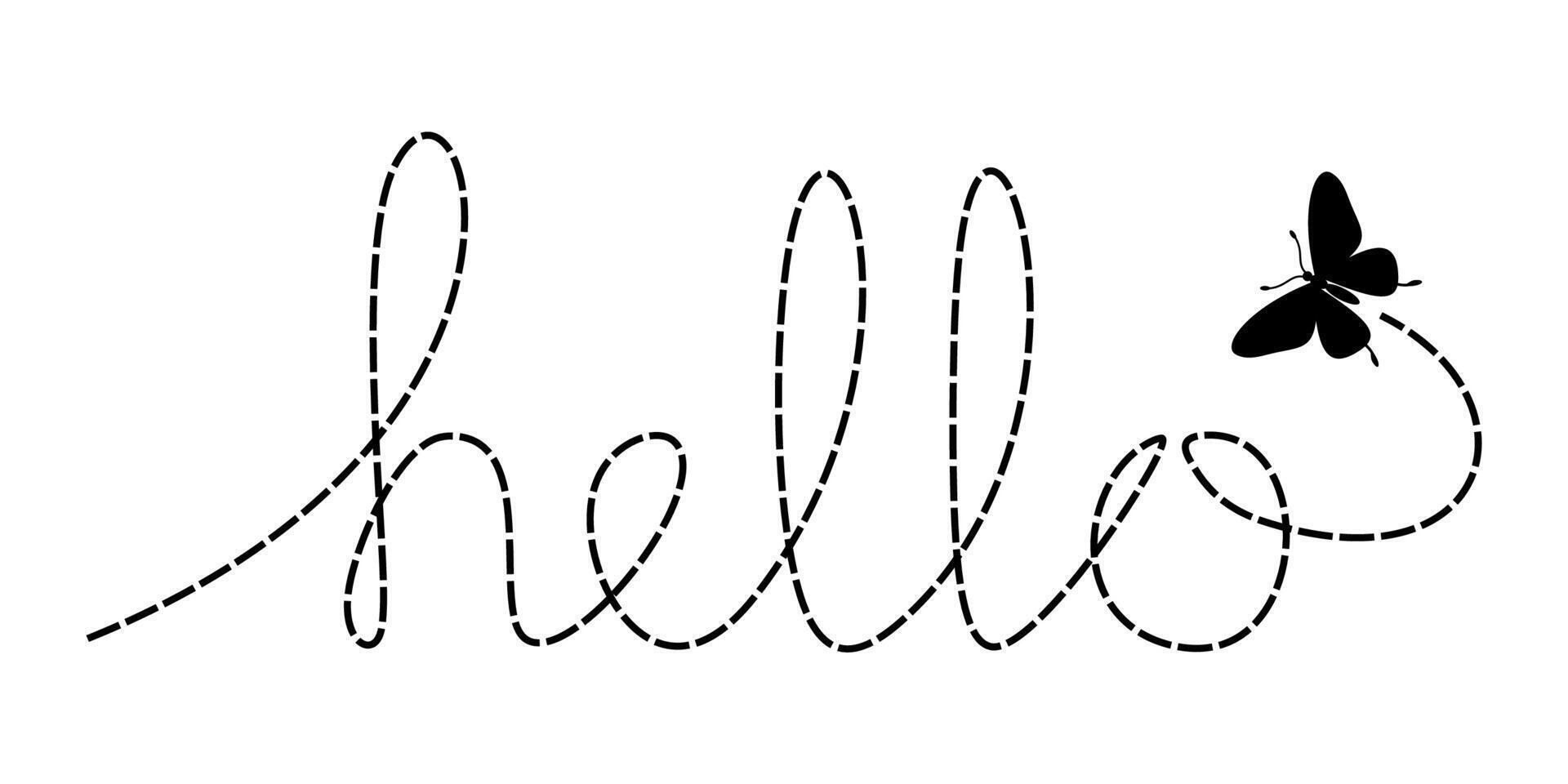 Handwriting outline of word HELLO with butterfly illustration for design element. vector