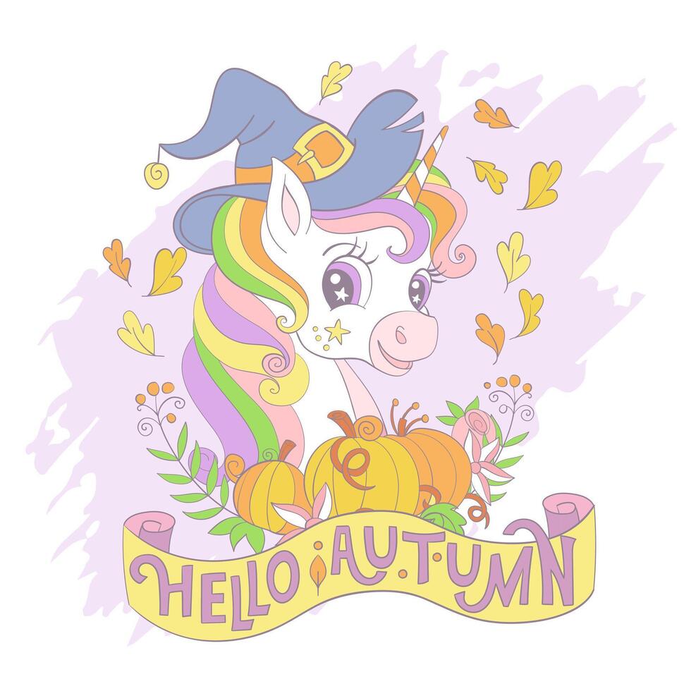Halloween card unicorn portrait with plants illustration vector