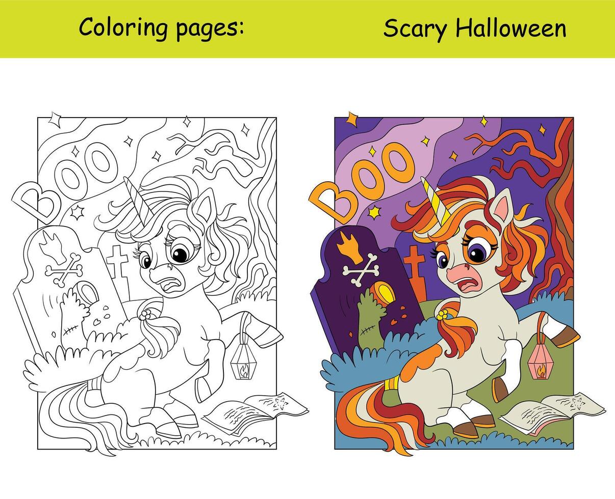 Halloween coloring with color sample unicorn and tomb vector
