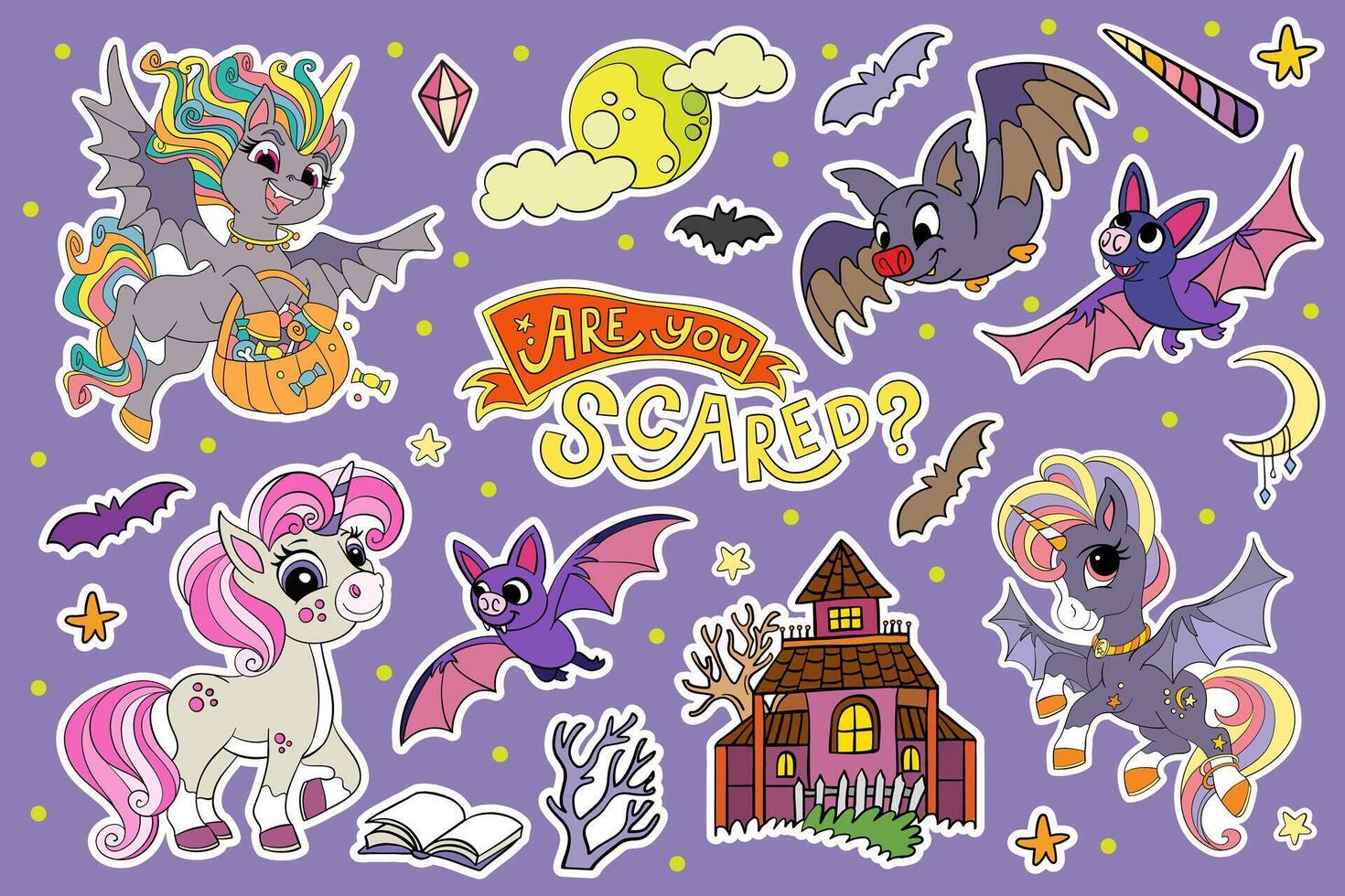 Set of Halloween cute unicorns and elements purple vector