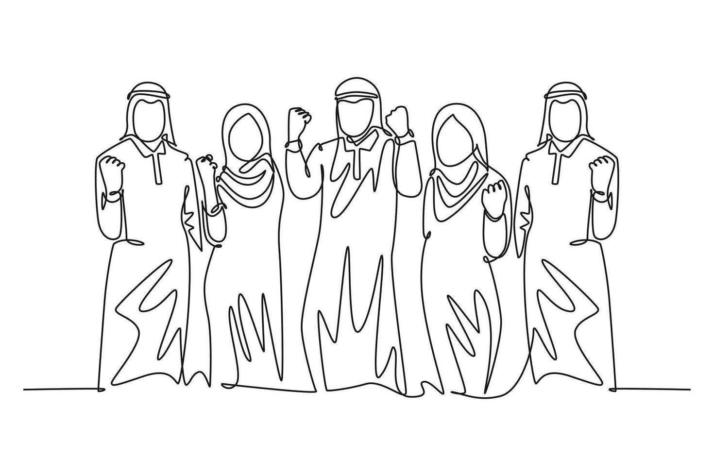 Single continuous line drawing group of Arab middle east business people raising fist hand to celebrate company target achievement. Happy team project. One line draw graphic design illustration vector
