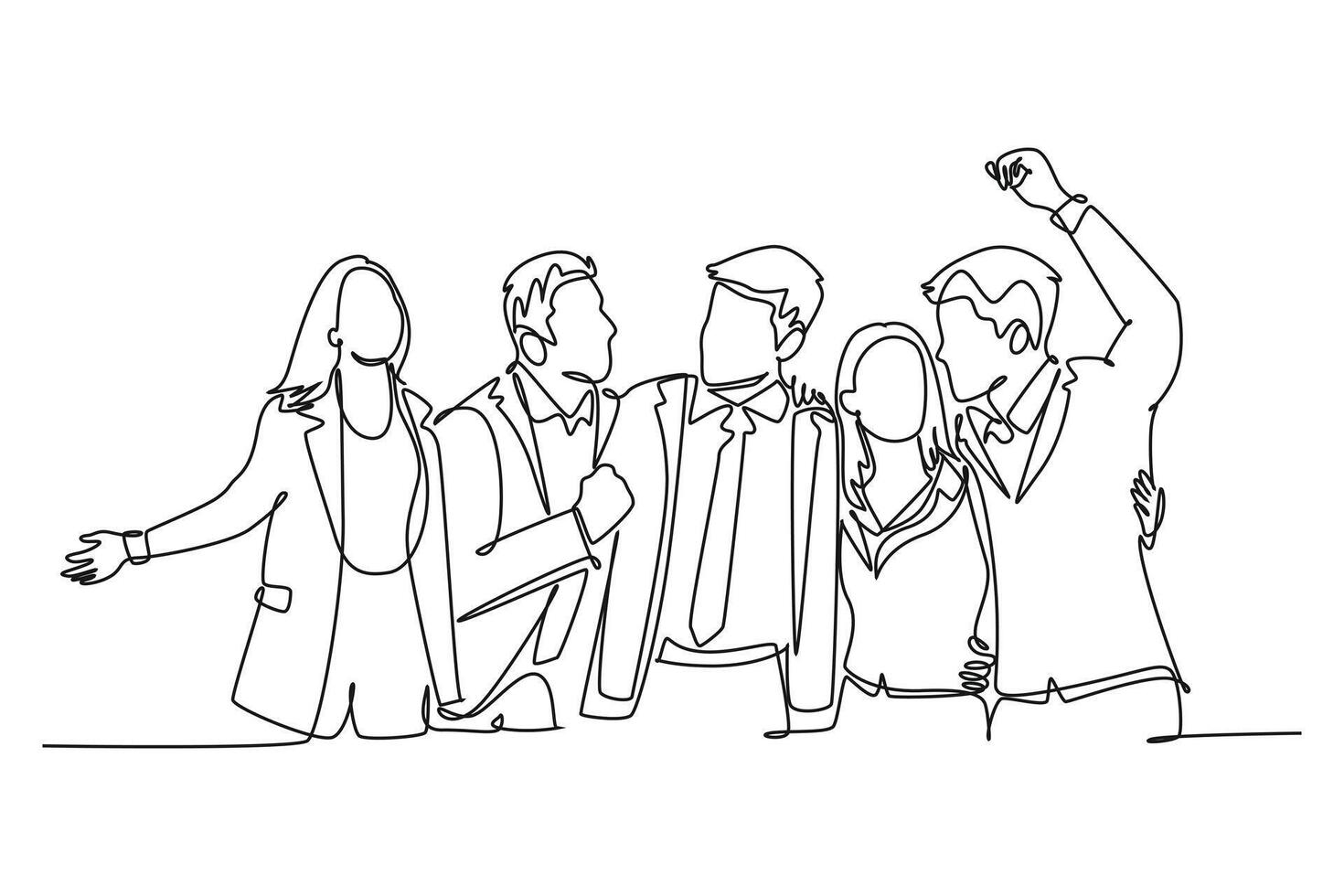 Continuous one line drawing group of businessman and woman hugging together to celebrate their success achieve the business target. Team work goal. Single line draw design graphic illustration vector