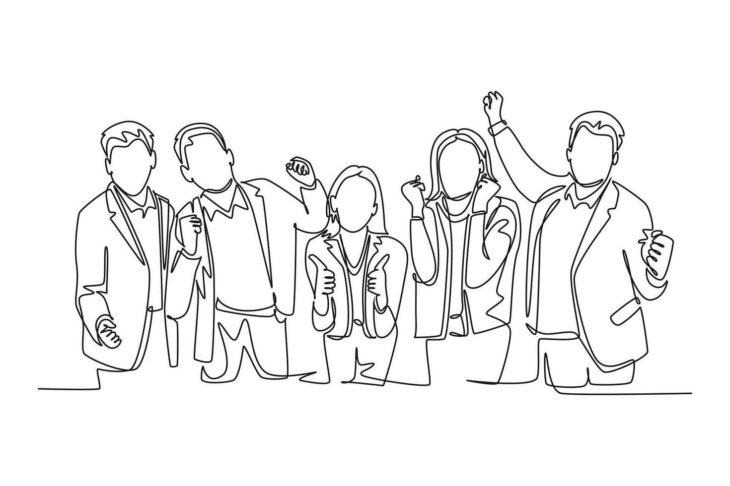 Continuous one line drawing of young happy male and female worker raise hands together celebrate funding investment. Business teamwork celebration. Single line draw design graphic illustration vector