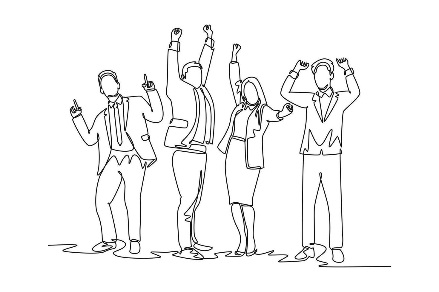 Single one line drawing young happy male and female trainer prancing with joy at seminar room together. Business teamwork celebration concept. Continuous line draw design graphic illustration vector