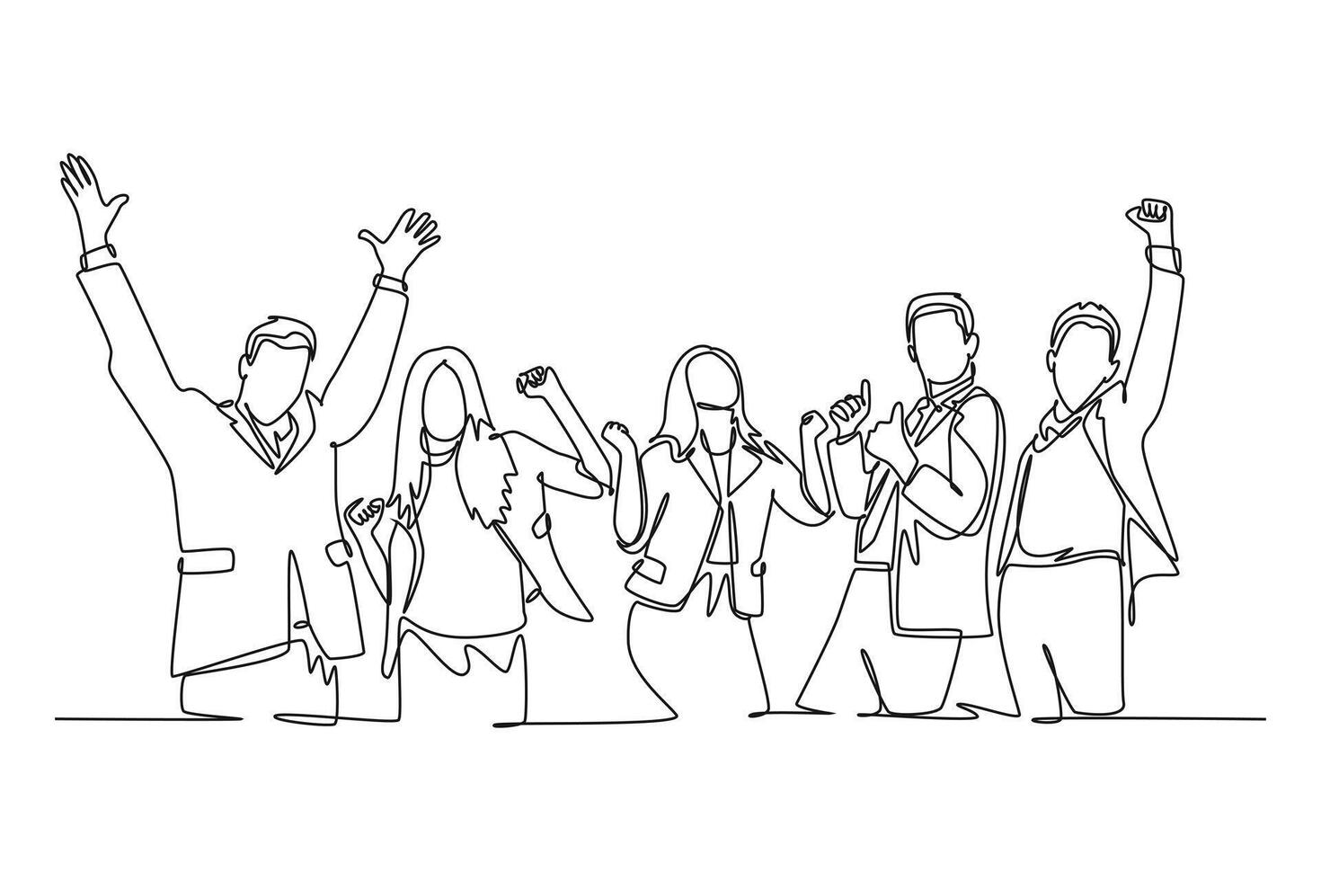 Single continuous line drawing group of male and female manager celebrating their successful achieve business financial target. Team work goal concept. One line draw graphic design illustration vector