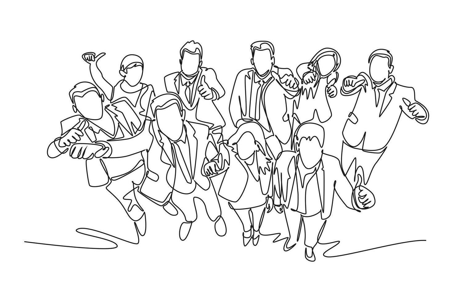 Continuous one line drawing young happy male and female managers raise their hand into the air and giving thumbs up gesture. Business celebration. Single line draw design graphic illustration vector