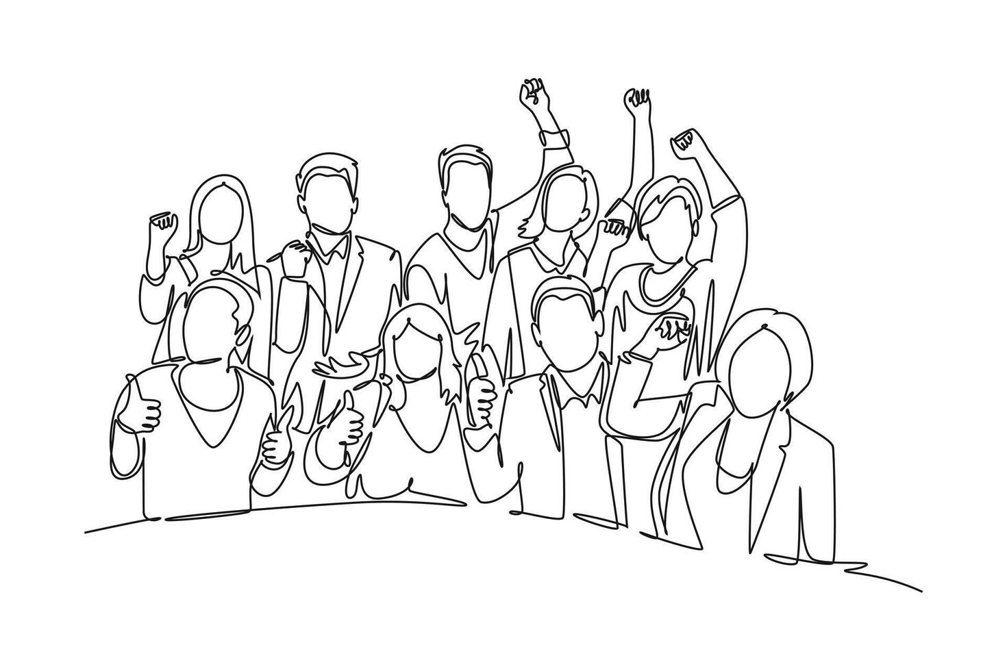 Continuous one line drawing young happy businessman and woman celebrate their success to deal new business agreement. Business meeting team concept. Single line draw design graphic illustration vector