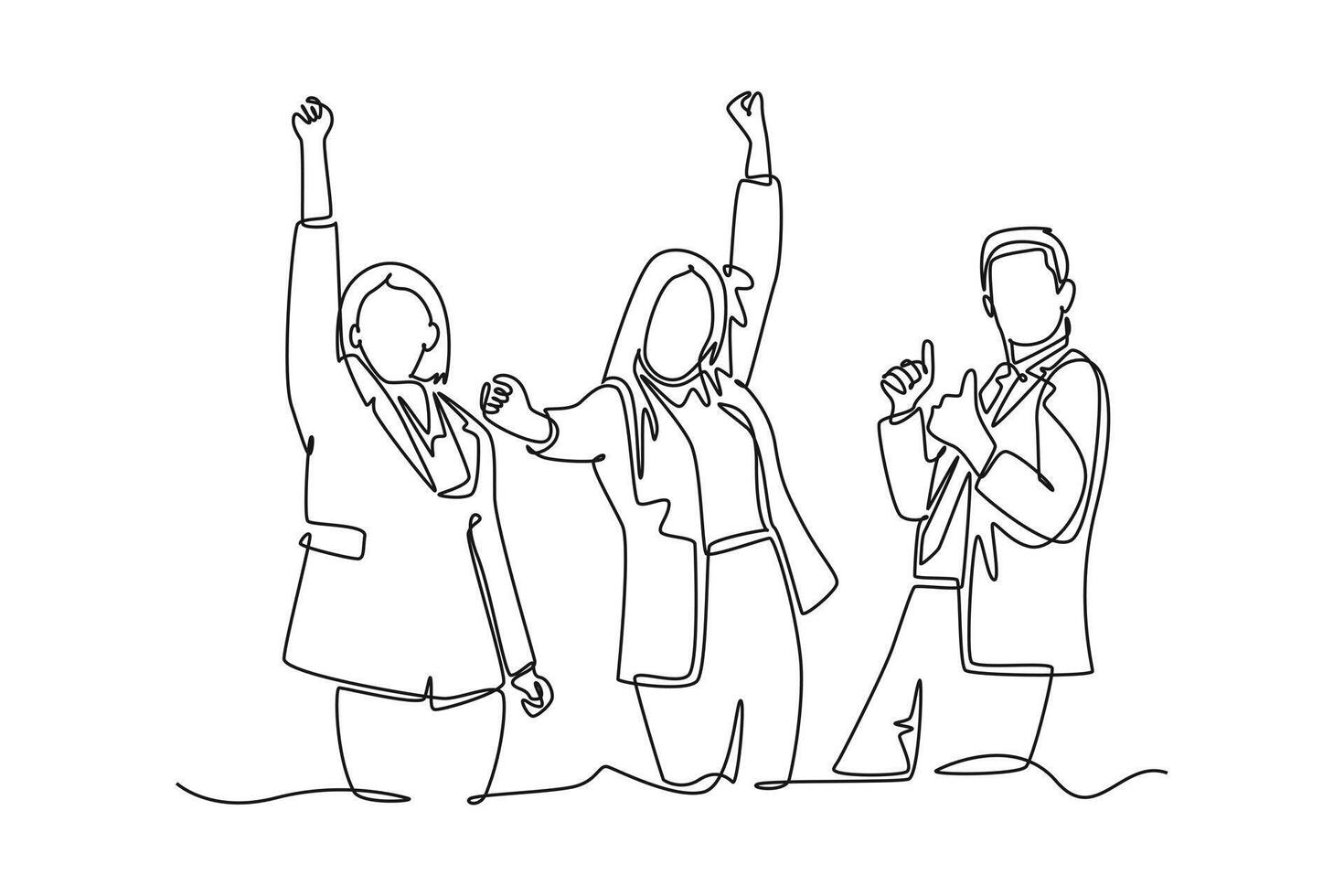 Single one line drawing happy male and female company founder raising hands and thumbs up gesture after company get investment. Business celebration. Continuous line design graphic illustration vector
