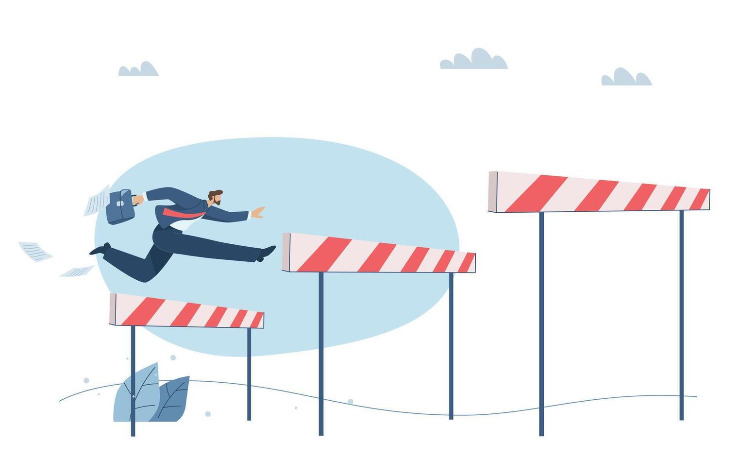 Preparing to overcome obstacles, Overcoming multi-level problems, Business challenges, Businessman jumping over hurdles higher obstacles, design illustration. vector