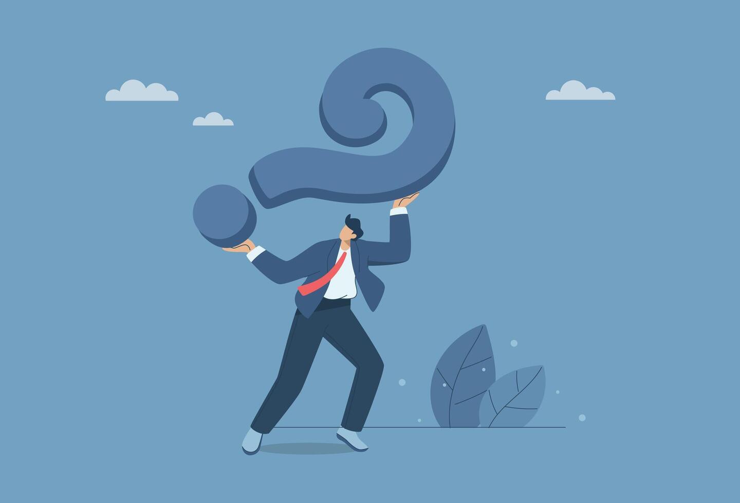 Burden or stress, The pressure of having many difficult questions with no answers or solutions, Key business problem, Businessman carries a heavy burden of a big question mark. illustration. vector