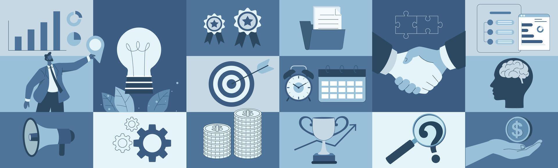 Set of business concepts, Business symbol presentation, Generating returns, Goal management, Planning for growth and success, Marketing promotion, illustration for social media, web banner. vector