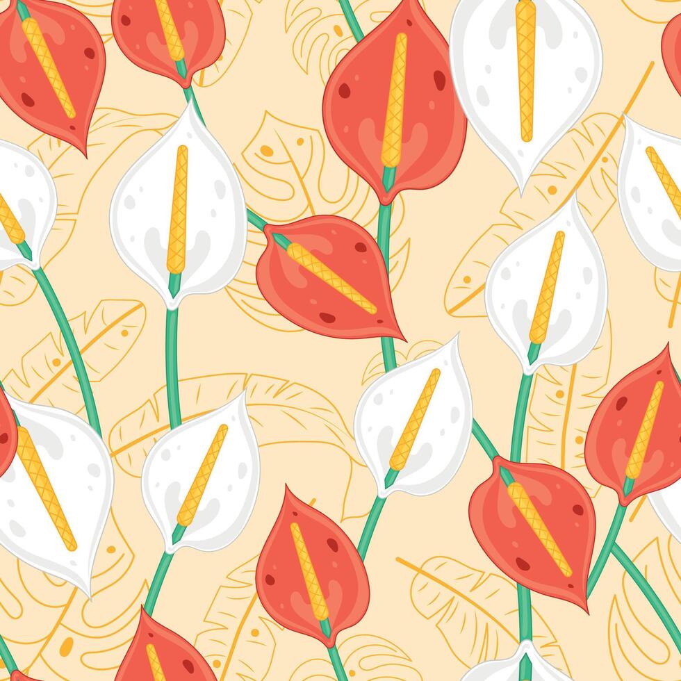 Anthurium flowers with tropical leaves seamless pattern vector