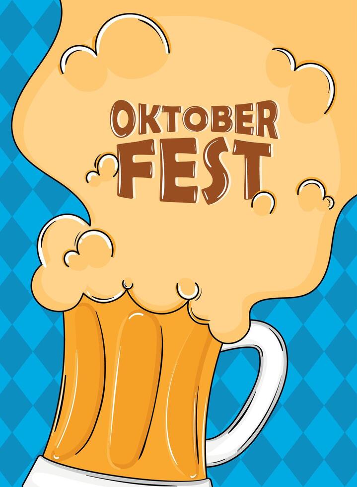 Oktoberfest beer foam mug on blue background, vector