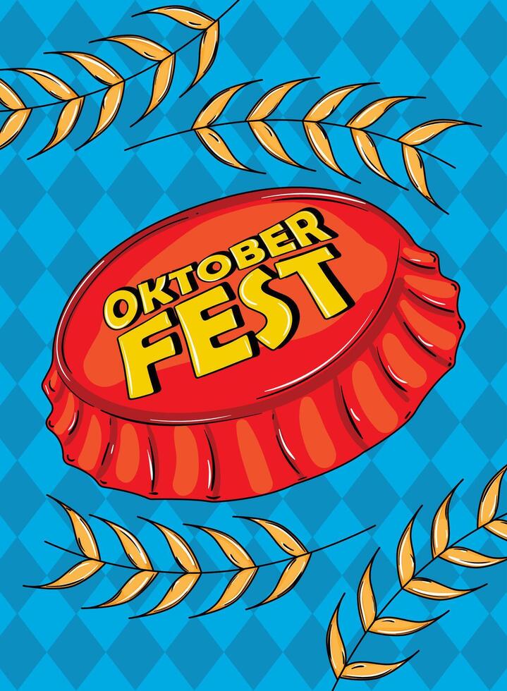 Oktoberfest beer cap with wheat and blue background, vector