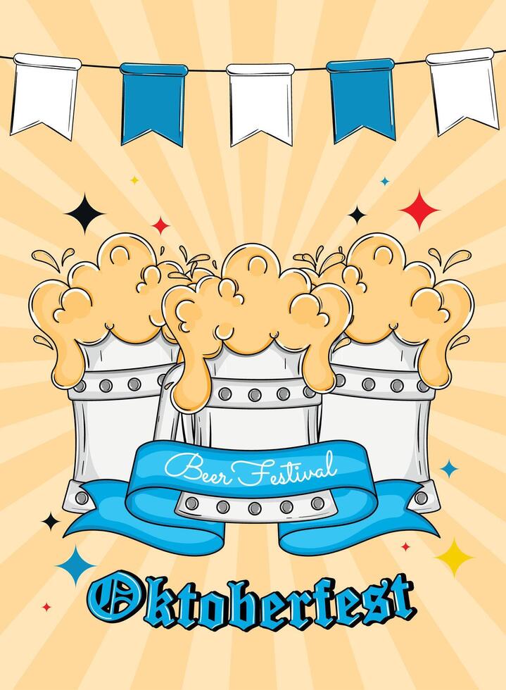 Three Oktoberfest beer mugs with foam and blue ribbon, vector