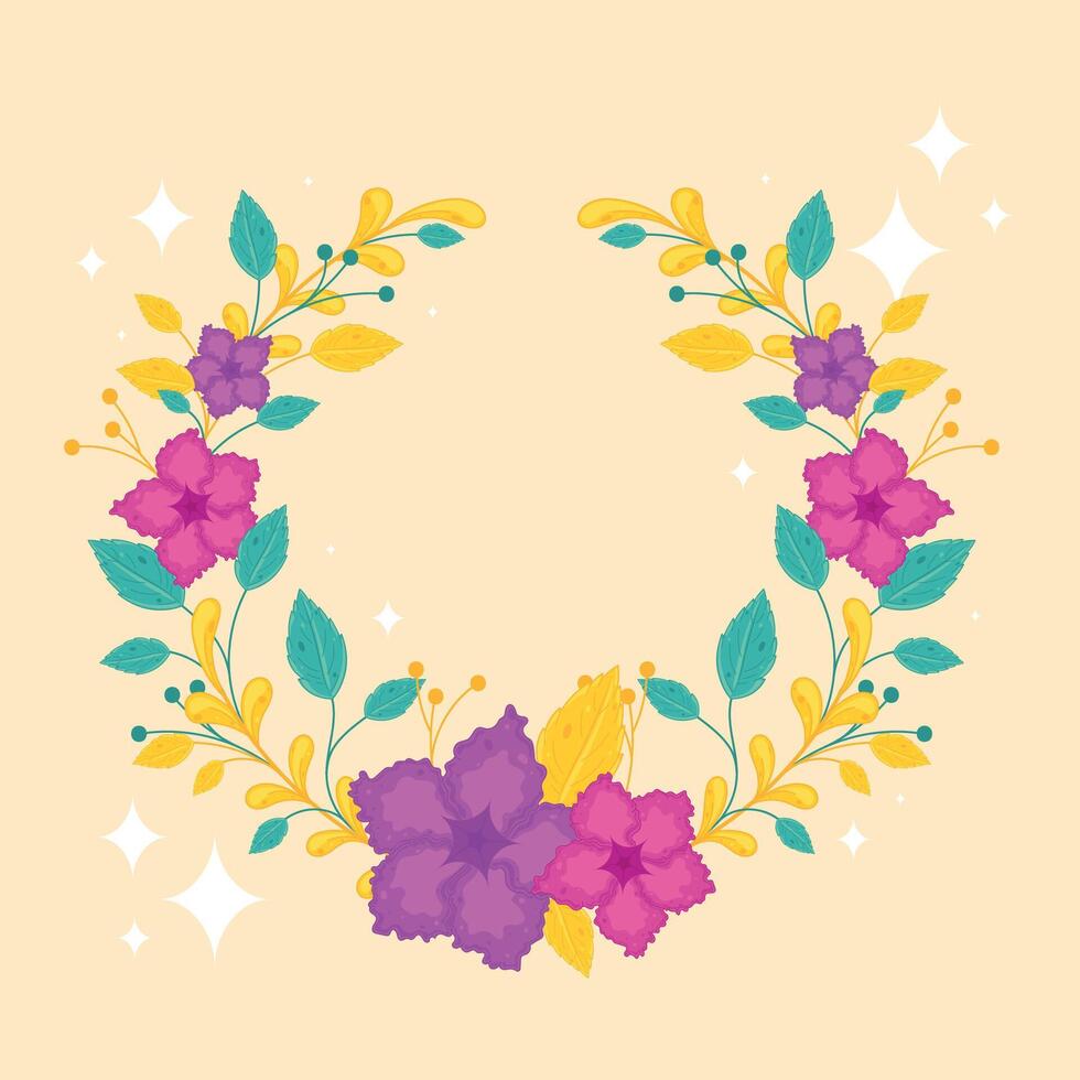Purple and yellow flowers arranged in floral wreath vector