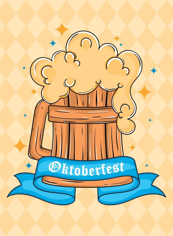 Wooden Oktoberfest beer mug with foam and blue ribbon, vector