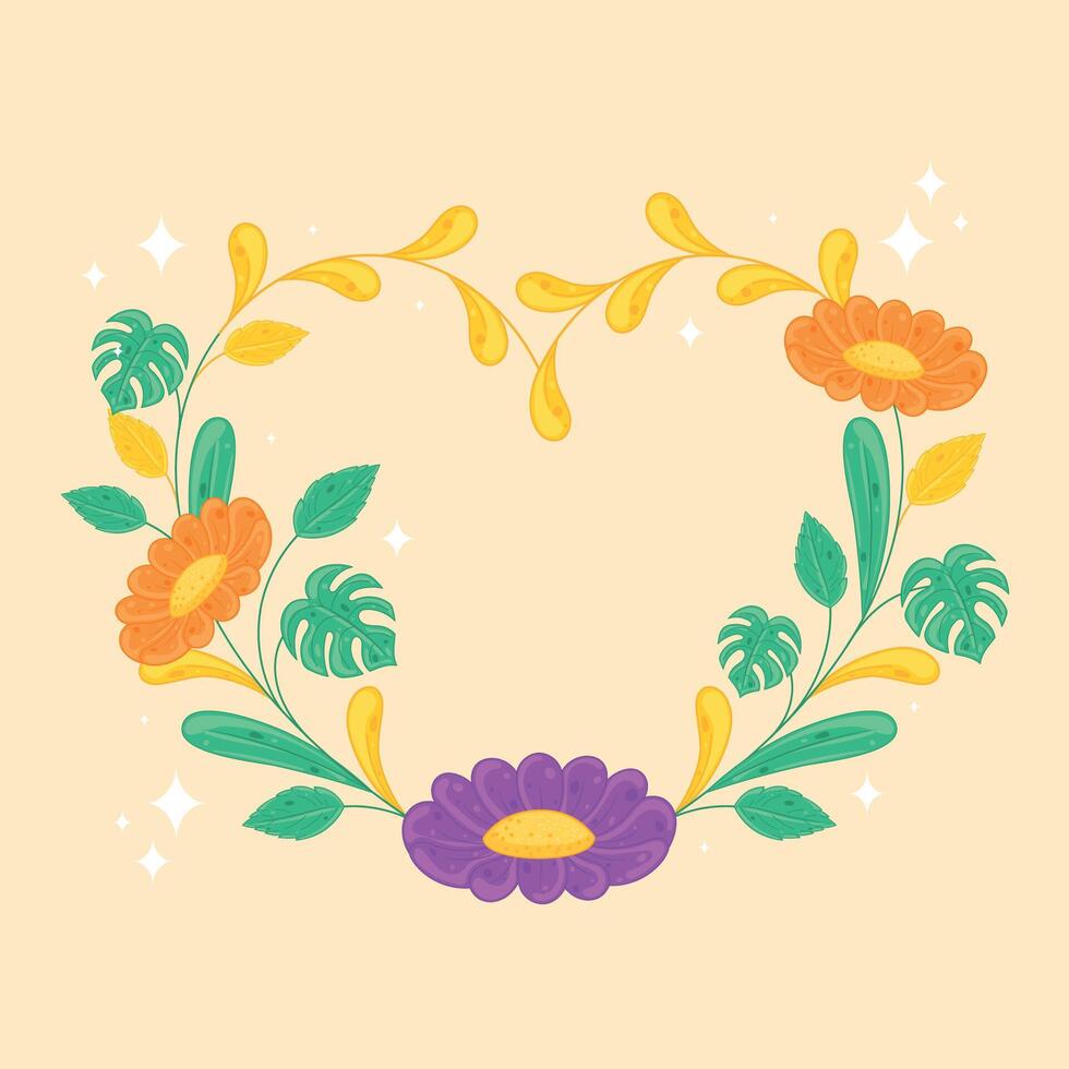 Orange and purple flowers in floral wreath with green leaves vector