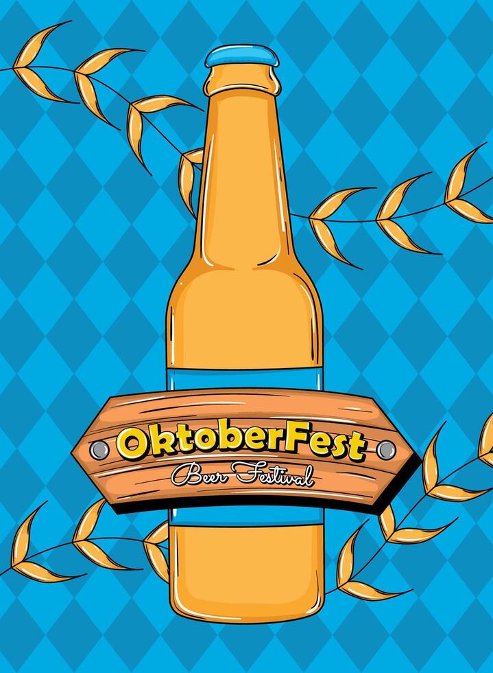 Oktoberfest beer bottle with wooden sign on blue background, vector