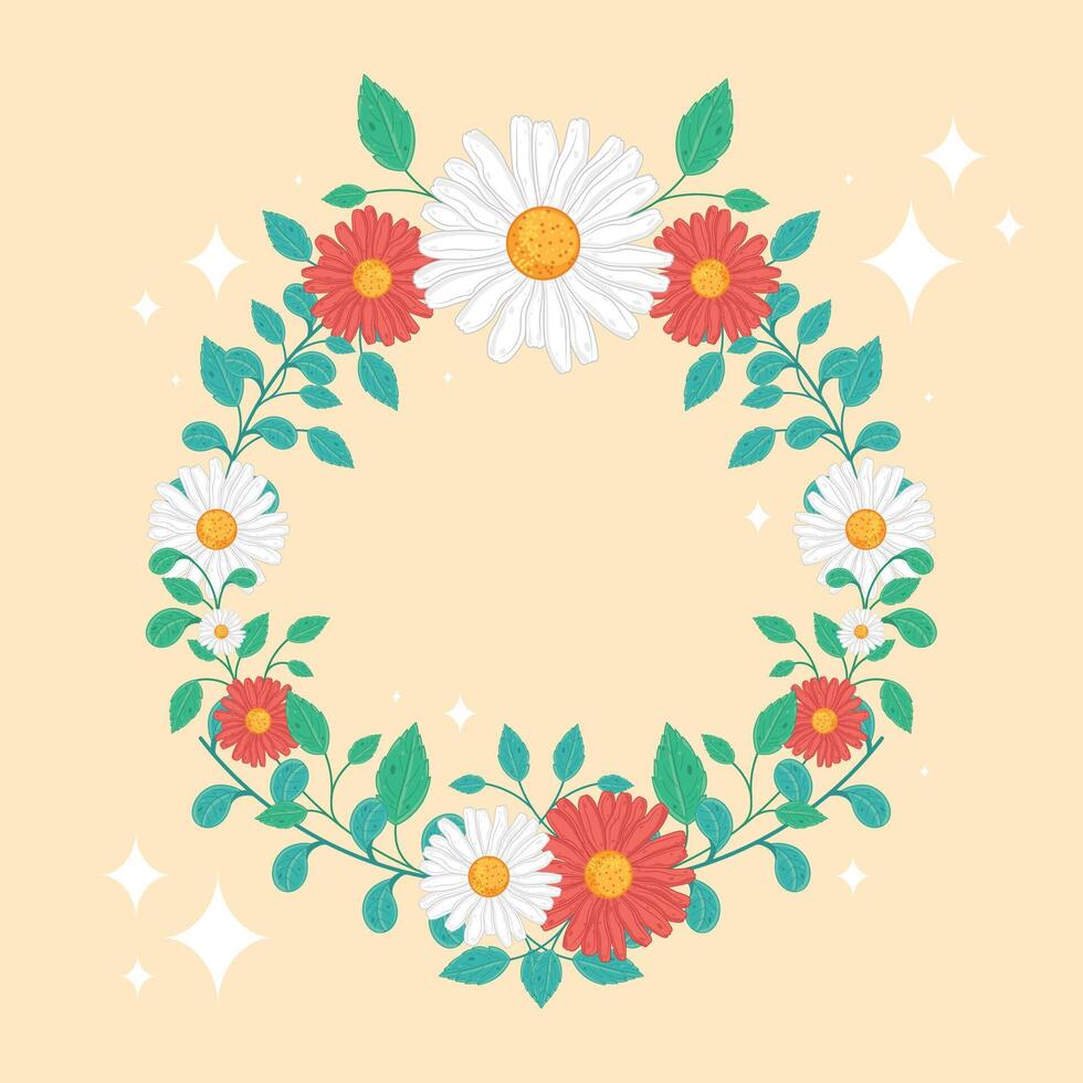 Daisy and red flowers floral wreath with green leaves vector