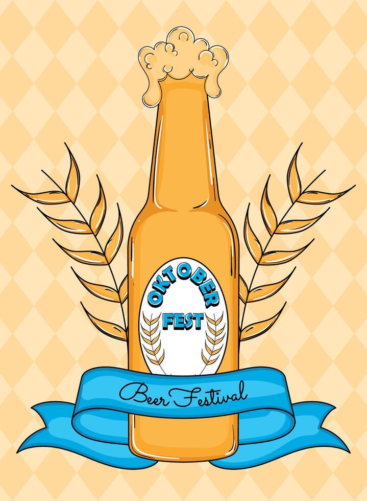 Oktoberfest beer bottle with wheat and blue ribbon, vector