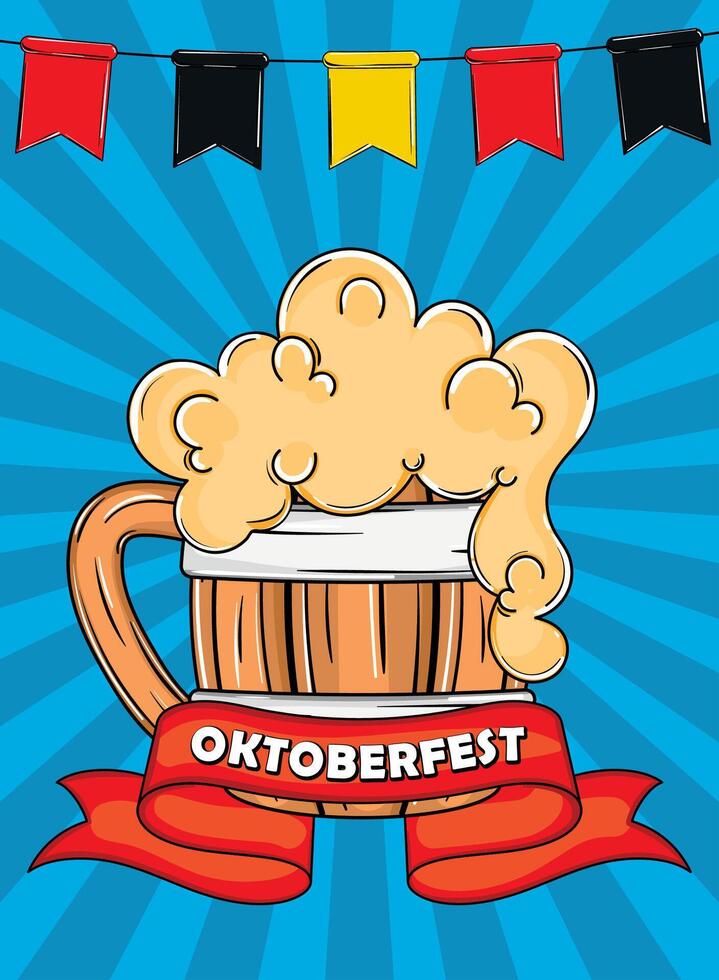 Oktoberfest beer mug with red ribbon and German flags, vector