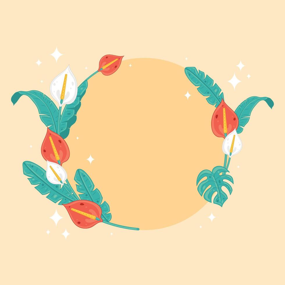 Red and white anthurium flowers wreath with tropical leaves vector