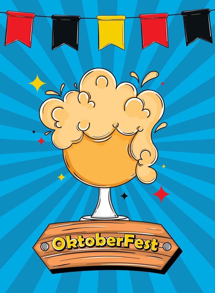 Oktoberfest beer glass with flags on blue background, vector