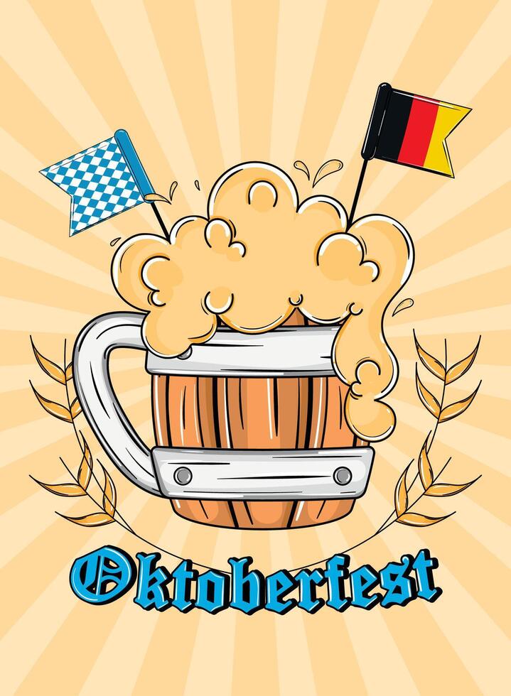 Oktoberfest wooden beer mug with German flag, vector
