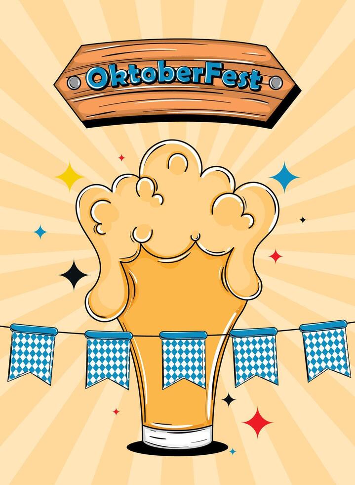 Oktoberfest beer glass with bunting on yellow background, vector