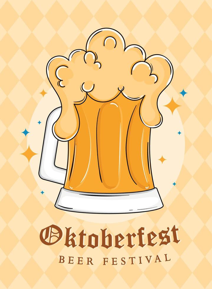Oktoberfest beer mug with foam on yellow background, vector
