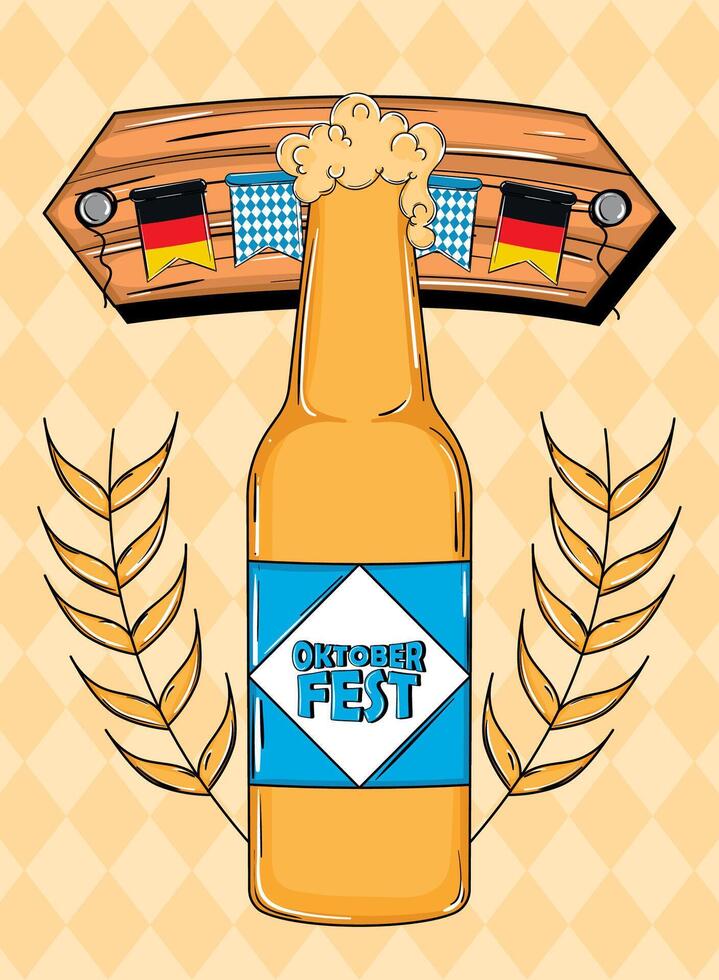 Oktoberfest beer bottle with flags and wheat decoration, vector