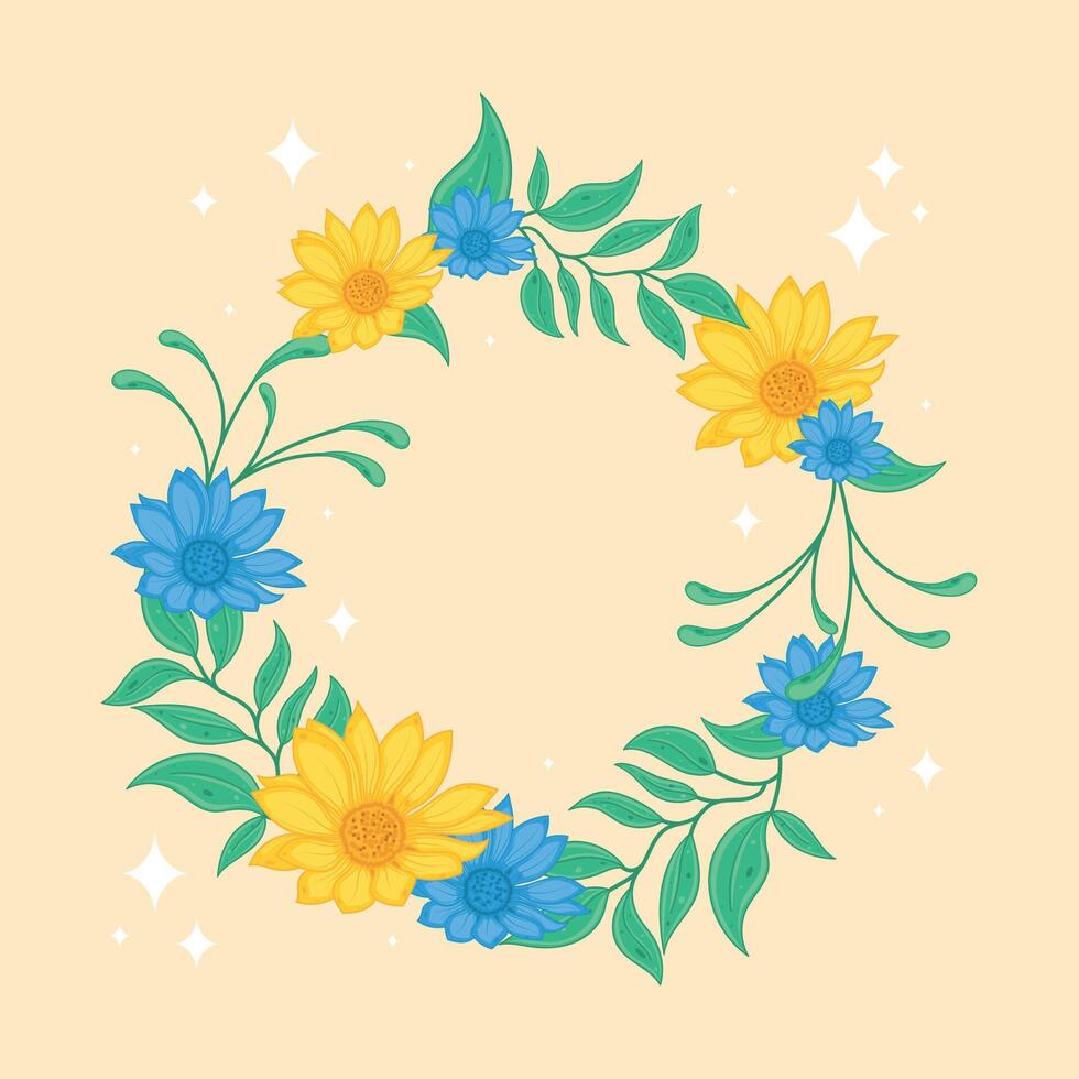 Yellow and blue flowers in floral wreath with green leaves vector