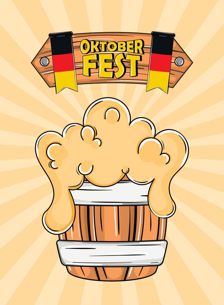 Oktoberfest wooden beer barrel with German flags, vector