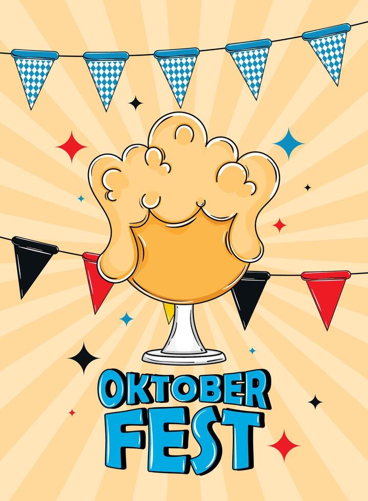 Oktoberfest beer glass with foam and festival flags, vector
