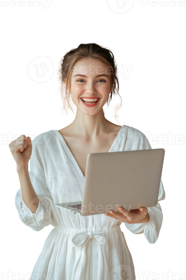 A woman holding a laptop and smiling png