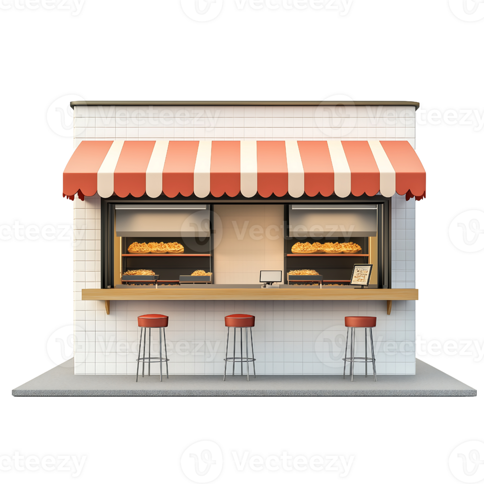 A small bakery with awning and stools png