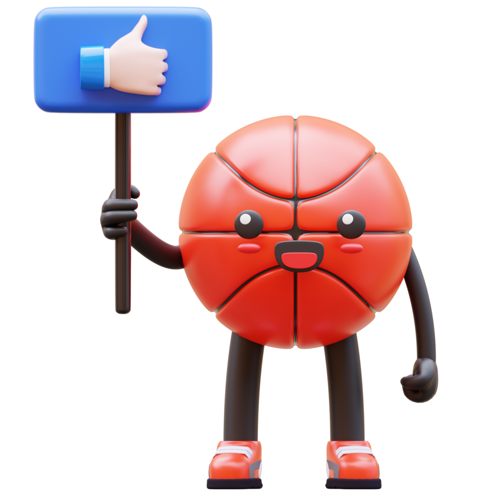 3D Basketball Character Holding Thumbs Up Like Board Symbolizing Approval And Agreement Suitable For Social Media Marketing And Feedback Concepts png