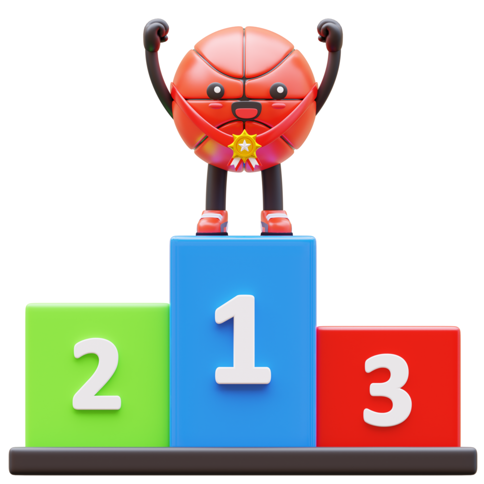 3D Basketball Character Standing On Podium With Medal Suitable For Leadership And Achievement Presentations png