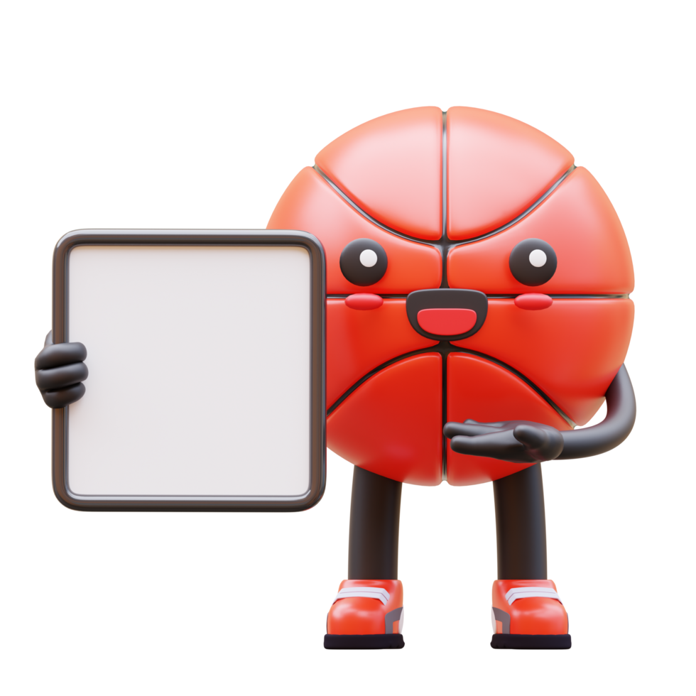 3D Basketball Character Holding Blank Advertisement Board With Finger Pointing Suitable For Marketing And Business Presentations png