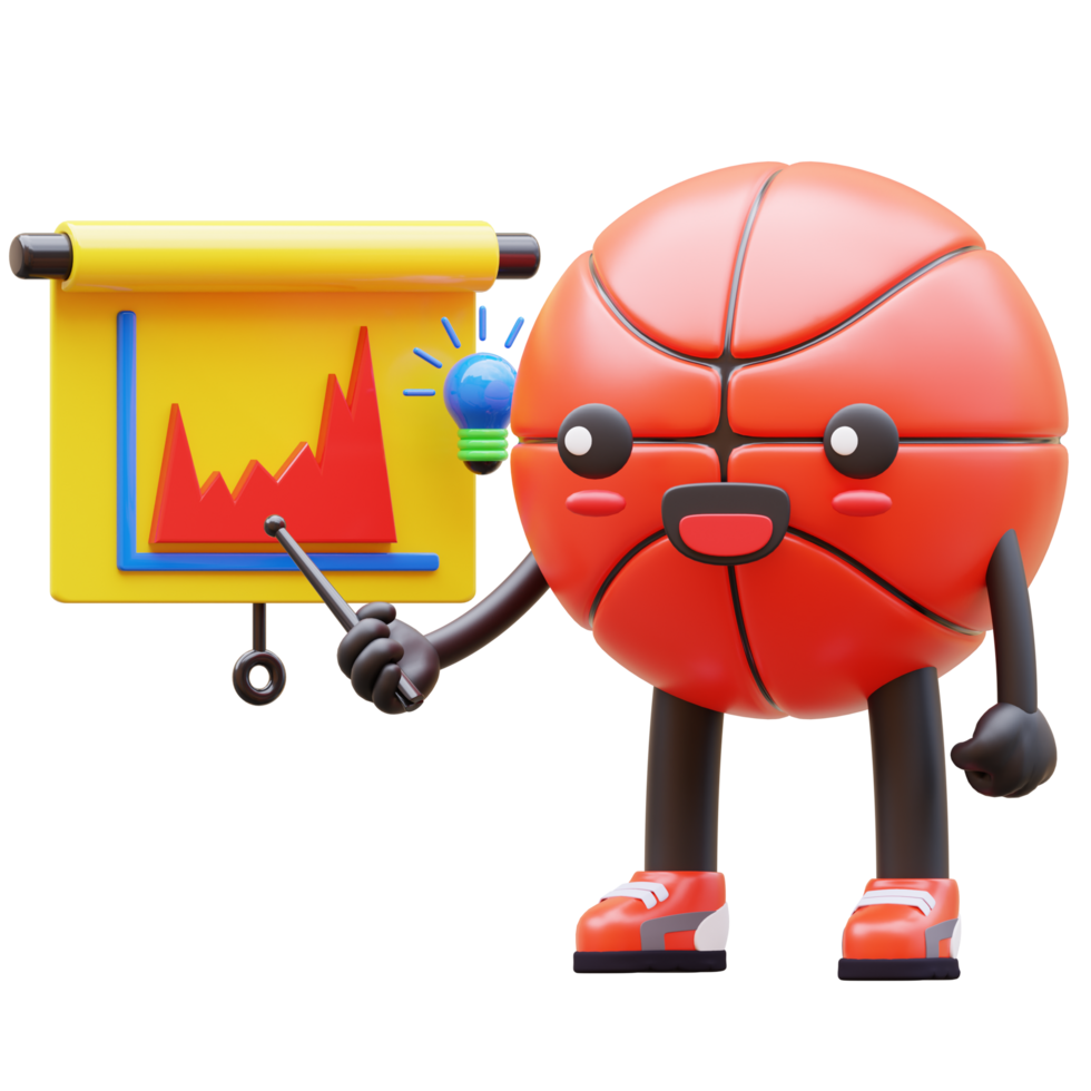 3D Basketball Character Pointing At Red Chart With Light Bulb Suitable For Creative And Business Concepts png