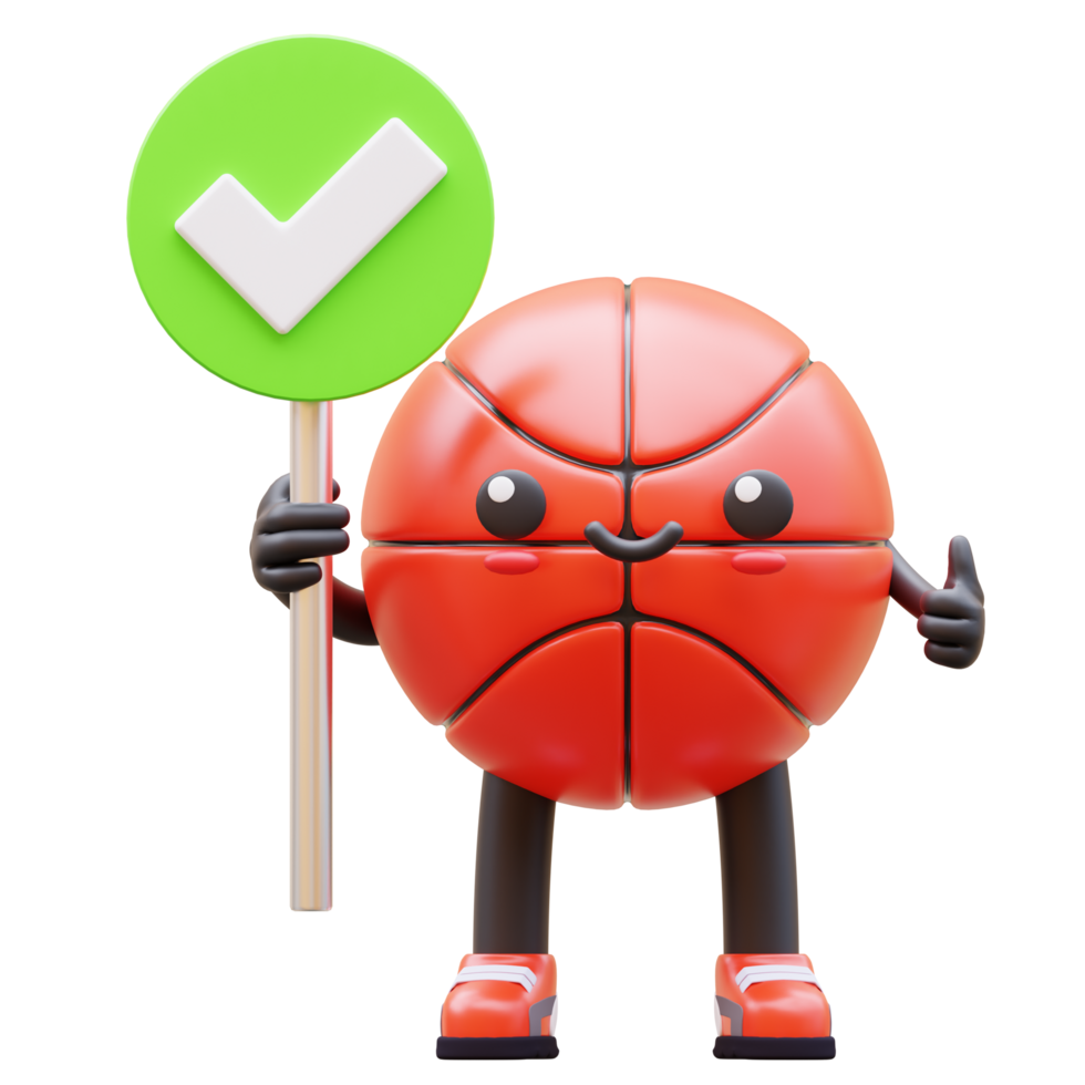 3D Basketball Character Holding Correct Sign Suitable For Right And Approval Concepts png