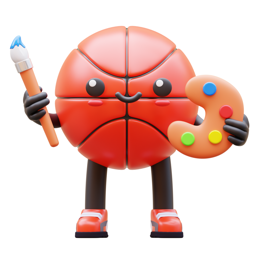 3D Basketball Character Holding Paintbrush And Palette Suitable For Art And Creativity Themes png