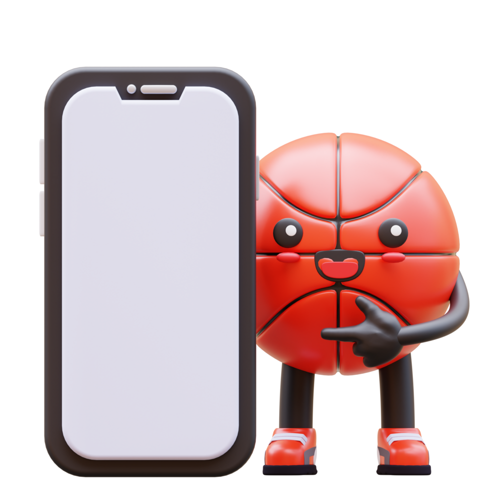 3D Basketball Character Holding Blank Smartphone Screen With Pointing Gesture Suitable For App Marketing And Social Media Promotions png